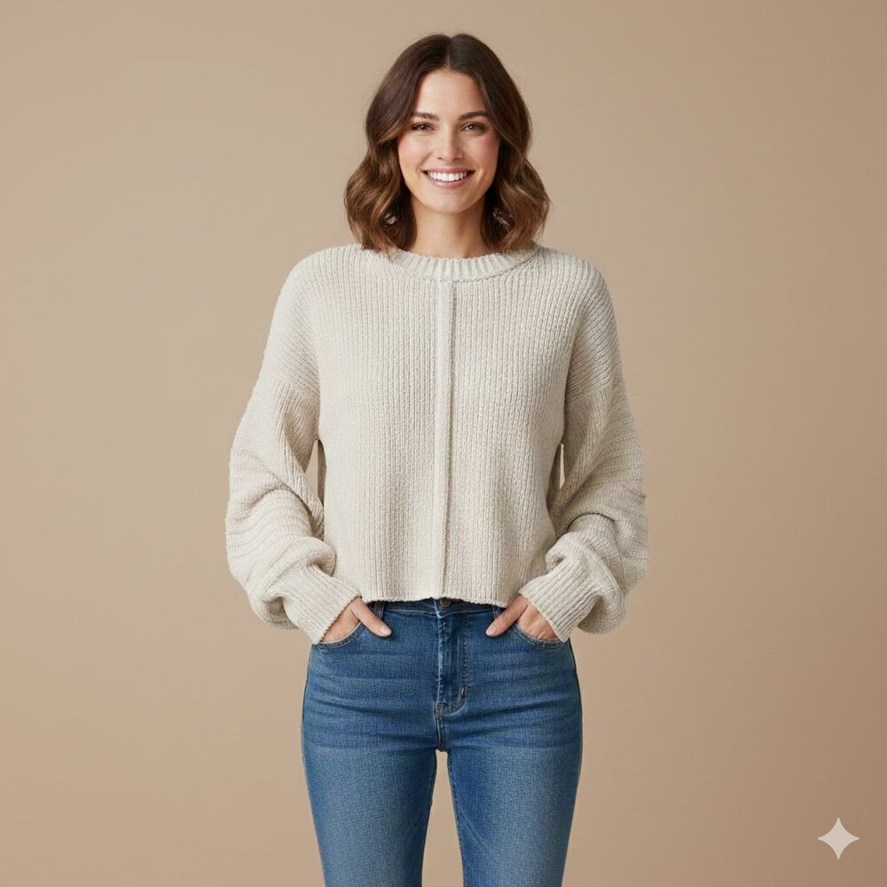 Love Riche Large Cropped Women's Cream Knit Balloon Sleeve Crew Neck Sweater EUC